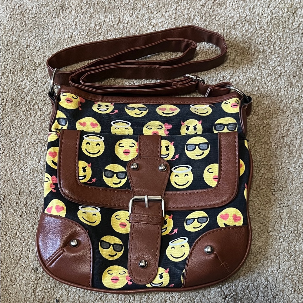 Brown Emoji Print Crossbody Bag